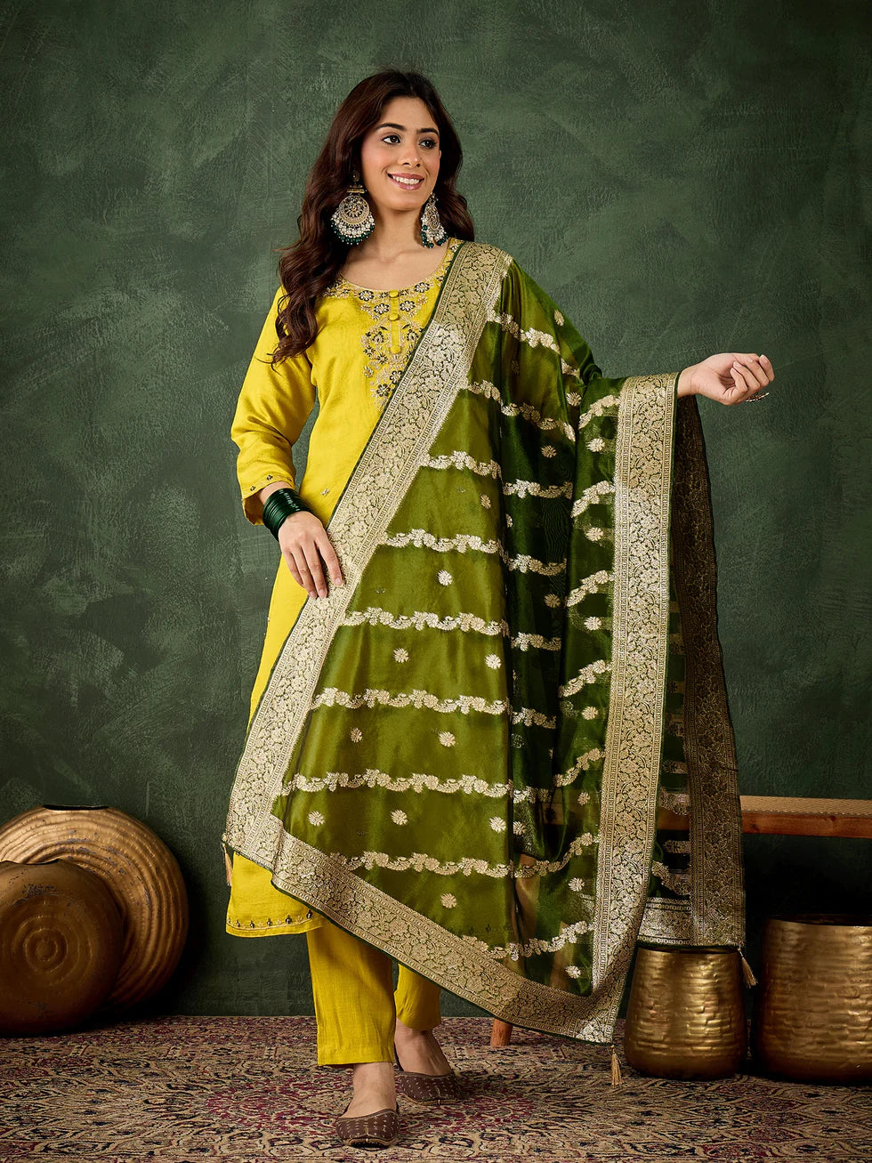 Floral Embroidered Viscose Rayon Round Neck Kurta Trouser & Dupatta Set