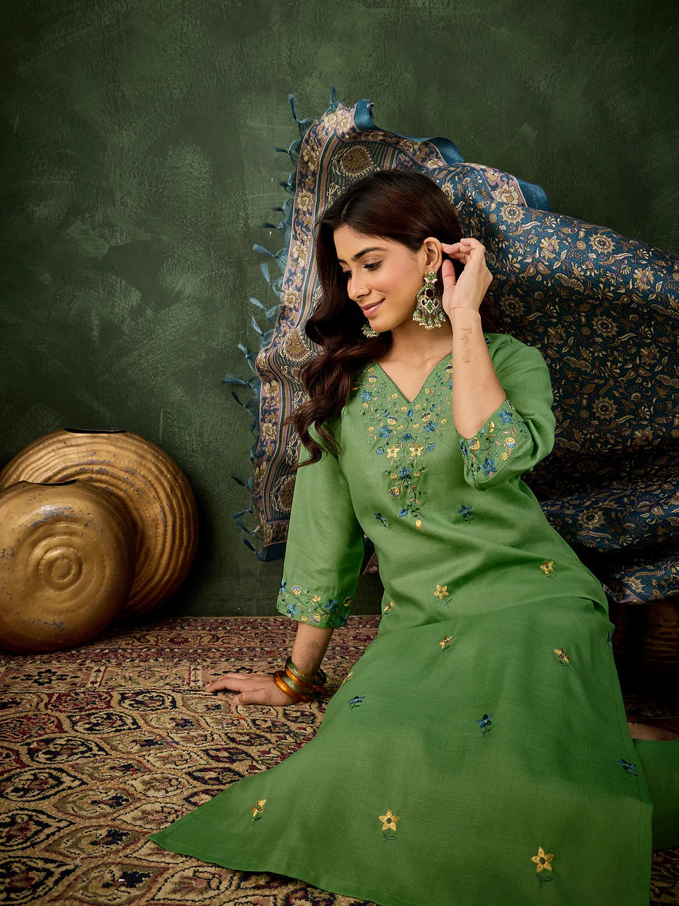 Floral Embroidered Cotton Blend V Neck Kurta Trouser & Dupatta Set