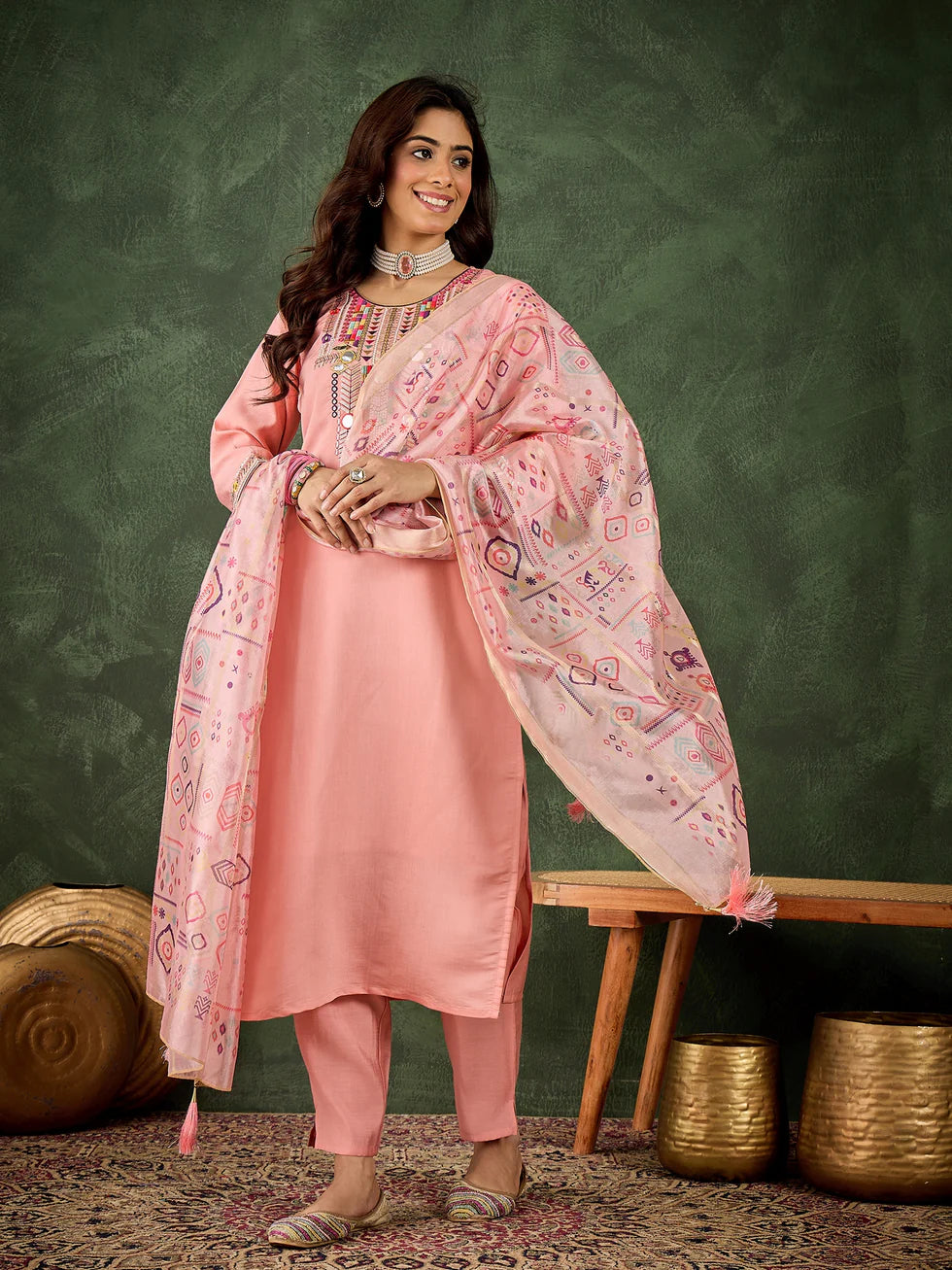 Floral Embroidered Silk Kurta Set