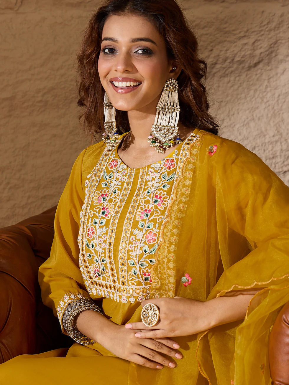 Floral Embroidered Silk Round Neck Kurta Trouser And Dupatta Set