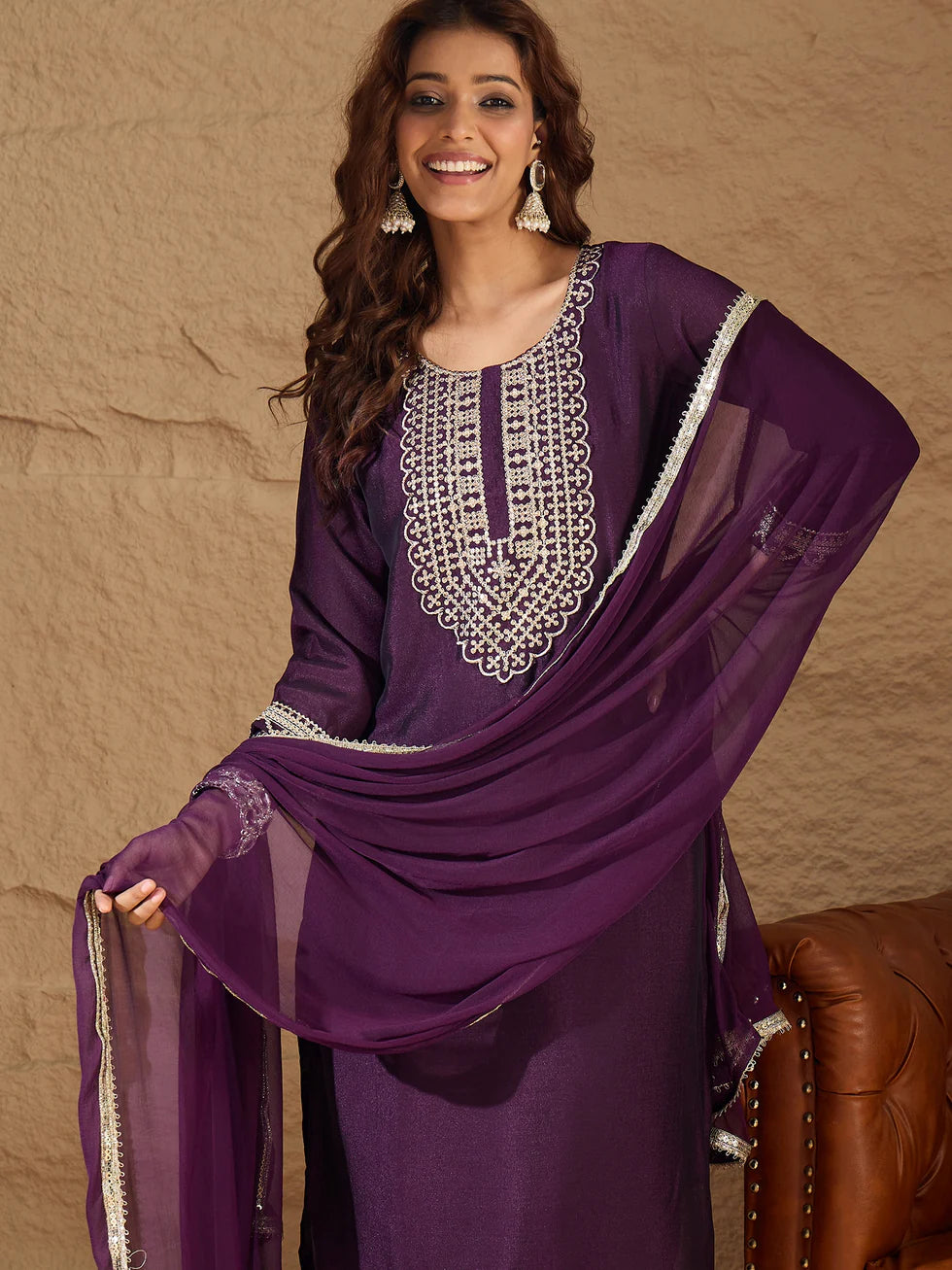 Floral Embroidered Silk Round Neck Kurta Trouser And Dupatta Set