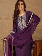 Aarohi Wine Purple Embroidered Kurta Set with Chiffon Dupatta