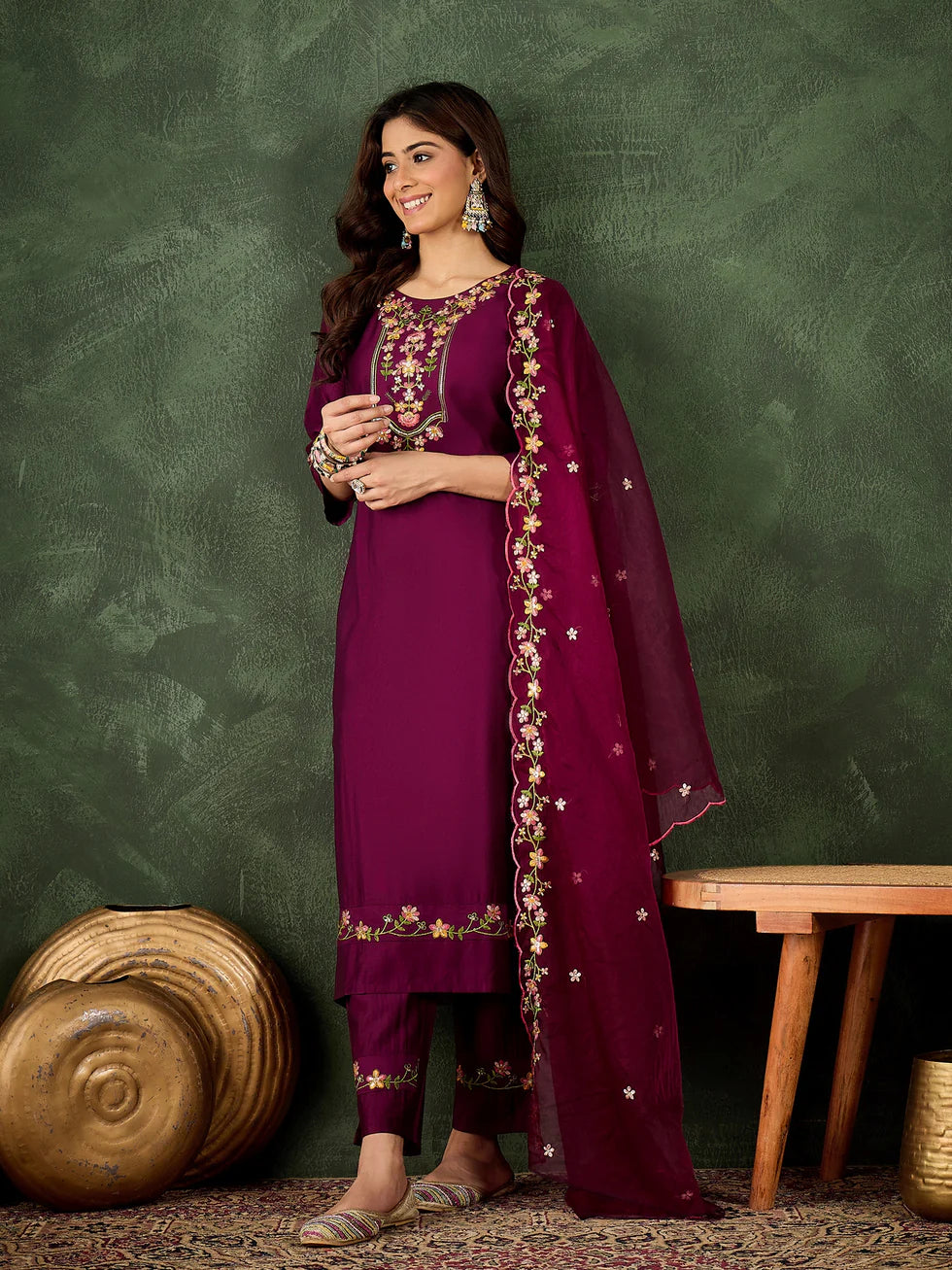 Floral Embroidered Silk Blend Round Neck Kurta Trouser & Dupatta Set