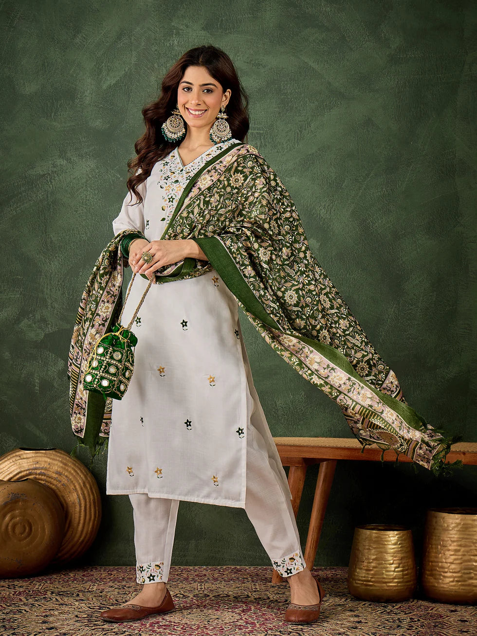 Floral Embroidered Cotton Blend V Neck Kurta Trouser & Dupatta Set