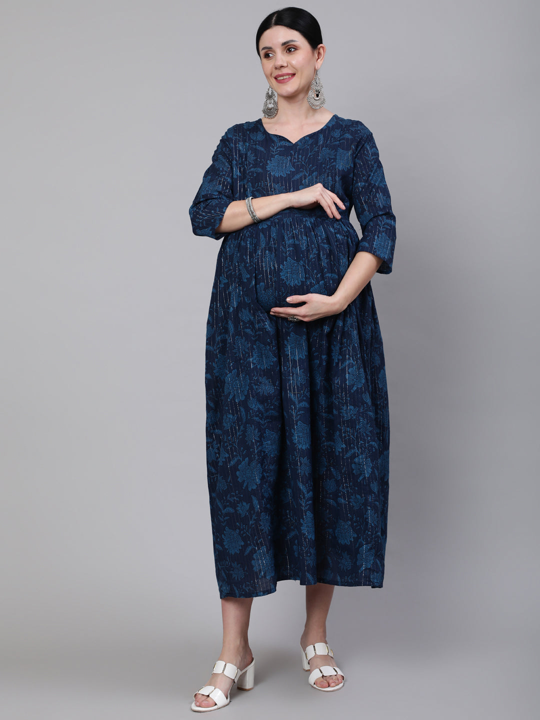 Women Navy Blue Ethinc Printed Flared Maternity Dress