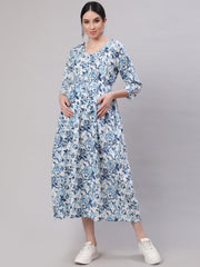 Women Off White & Blue Floral Printed Maternity Dress With Three Quarter Sleeves