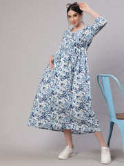 Women Off White & Blue Floral Printed Maternity Dress With Three Quarter Sleeves