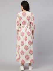 Women Off White & Blue Floral Printed Maternity Dress With Three Quarter Sleeves