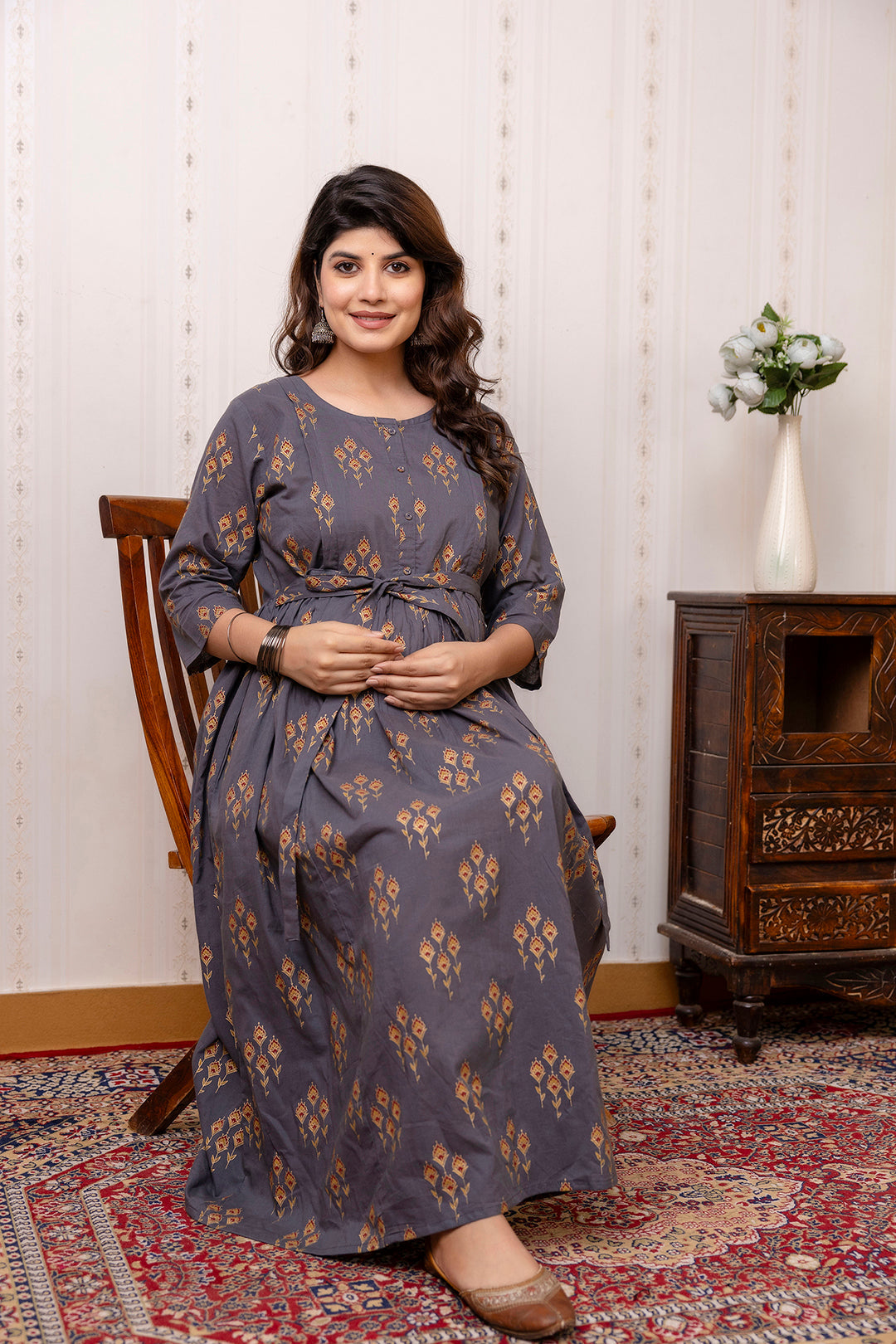 Grey Ethnic Maternity Dress For Women