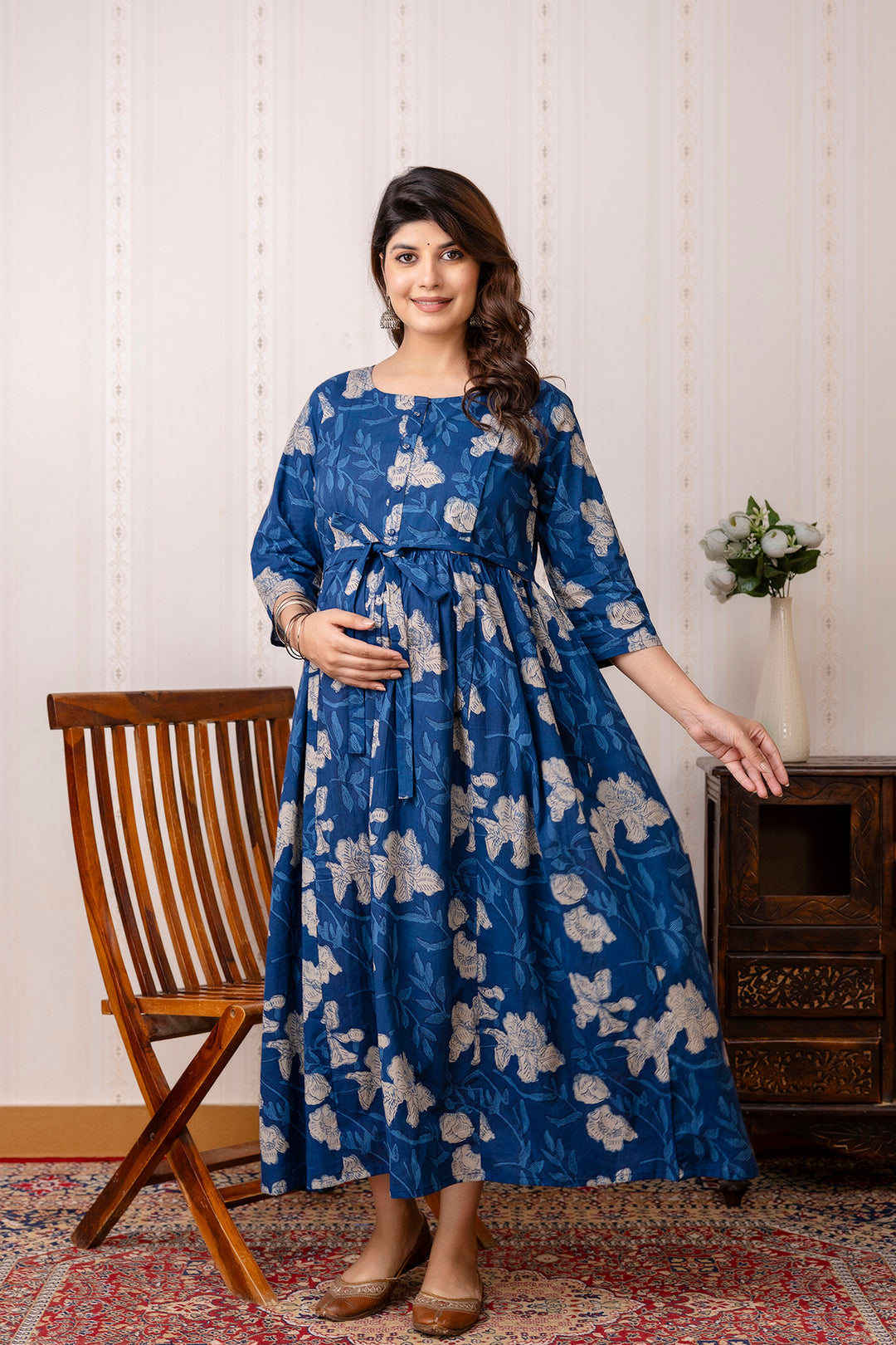 Blue Printed Maternity Dress For Women