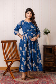 Blue Printed Maternity Dress For Women