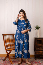 Blue Printed Maternity Dress For Women