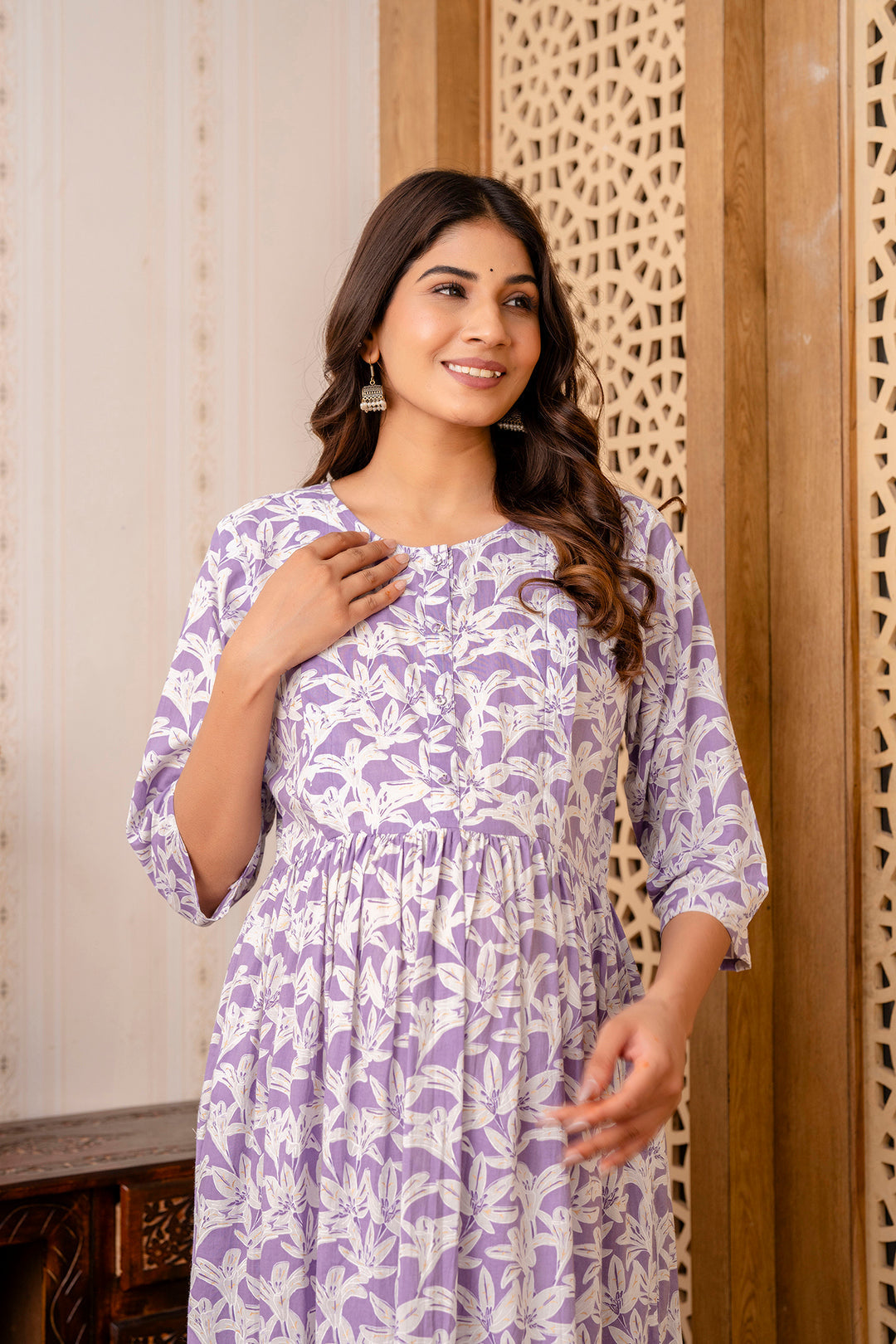 Purple Printed Maternity Dress For Women