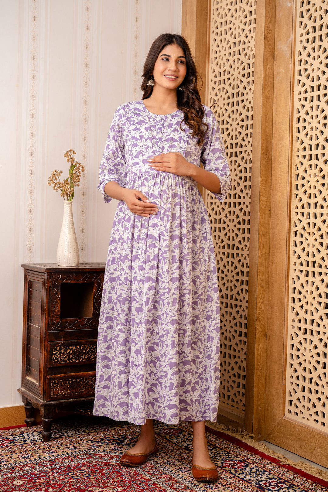 Purple Printed Maternity Dress For Women