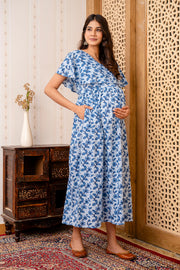 Blue Printed Maternity Dress For Women