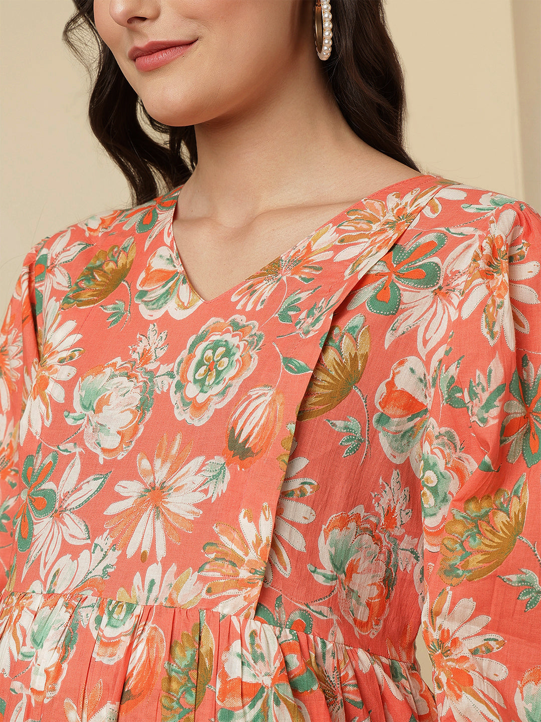 Peach Floral Printed Maternity Dress fro Women