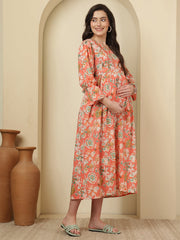 Peach Floral Printed Maternity Dress fro Women