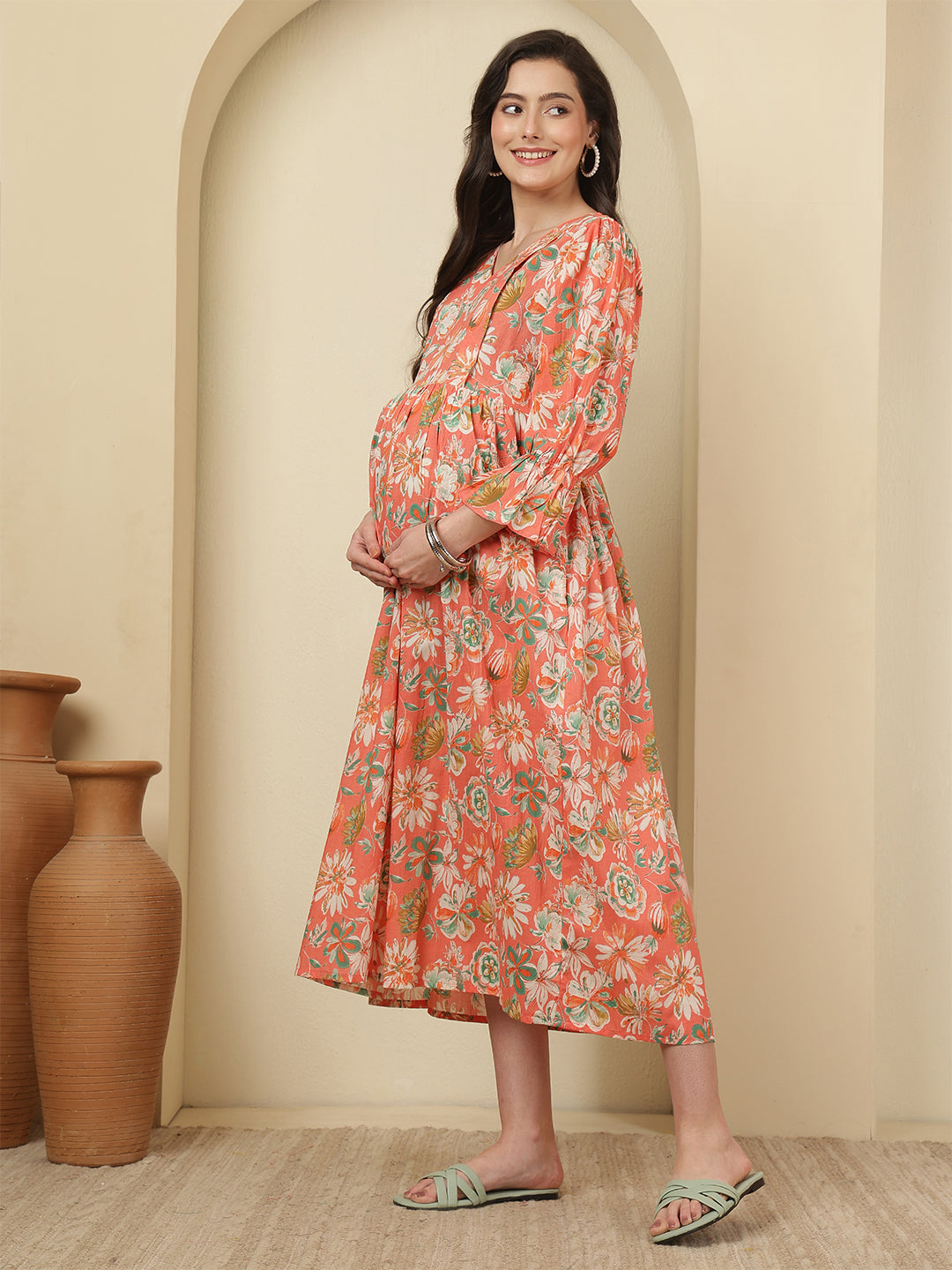 Peach Floral Printed Maternity Dress fro Women