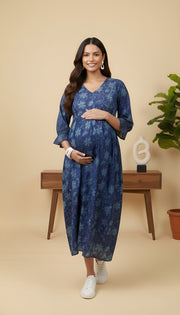Blue Printed Maternity Dress for Women