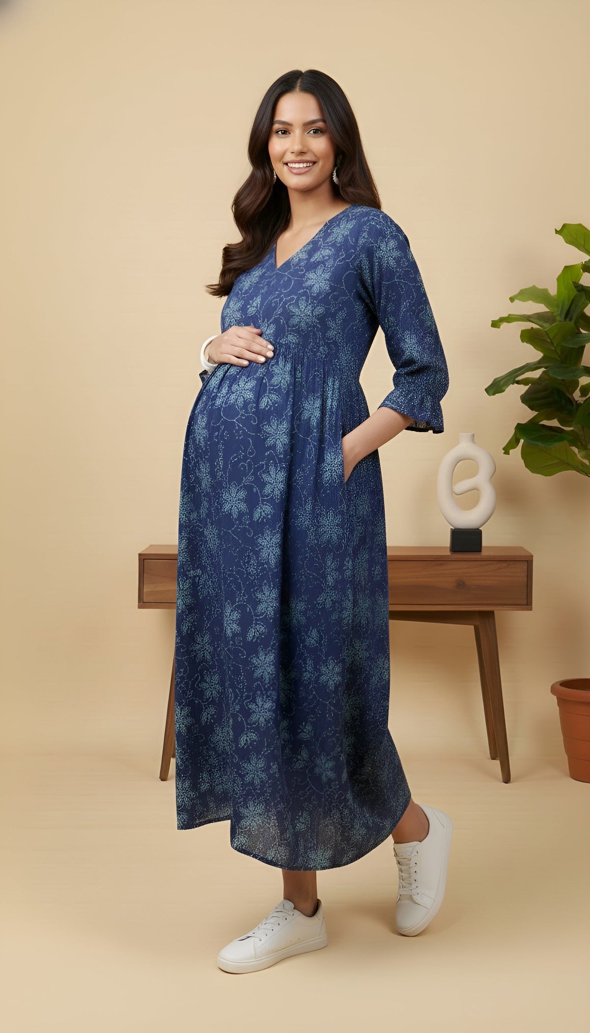 Blue Printed Maternity Dress for Women