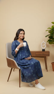 Blue Printed Maternity Dress for Women