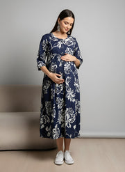 Blue Printed Maternity Dress for Women
