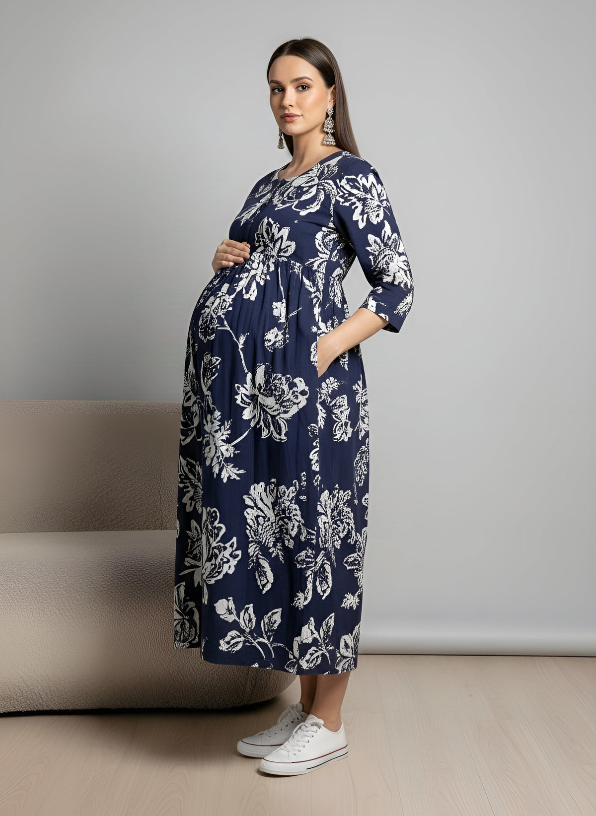 Blue Printed Maternity Dress for Women