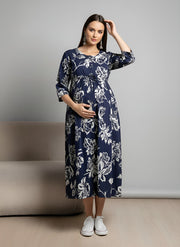 Blue Printed Maternity Dress for Women