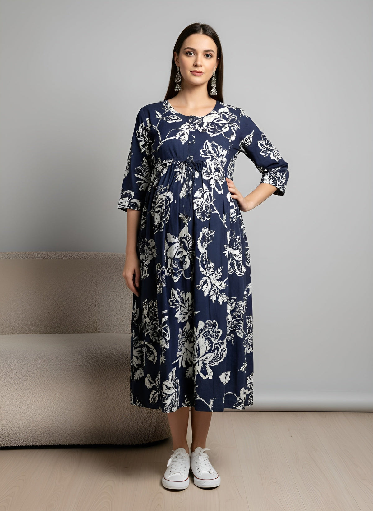 Blue Printed Maternity Dress for Women