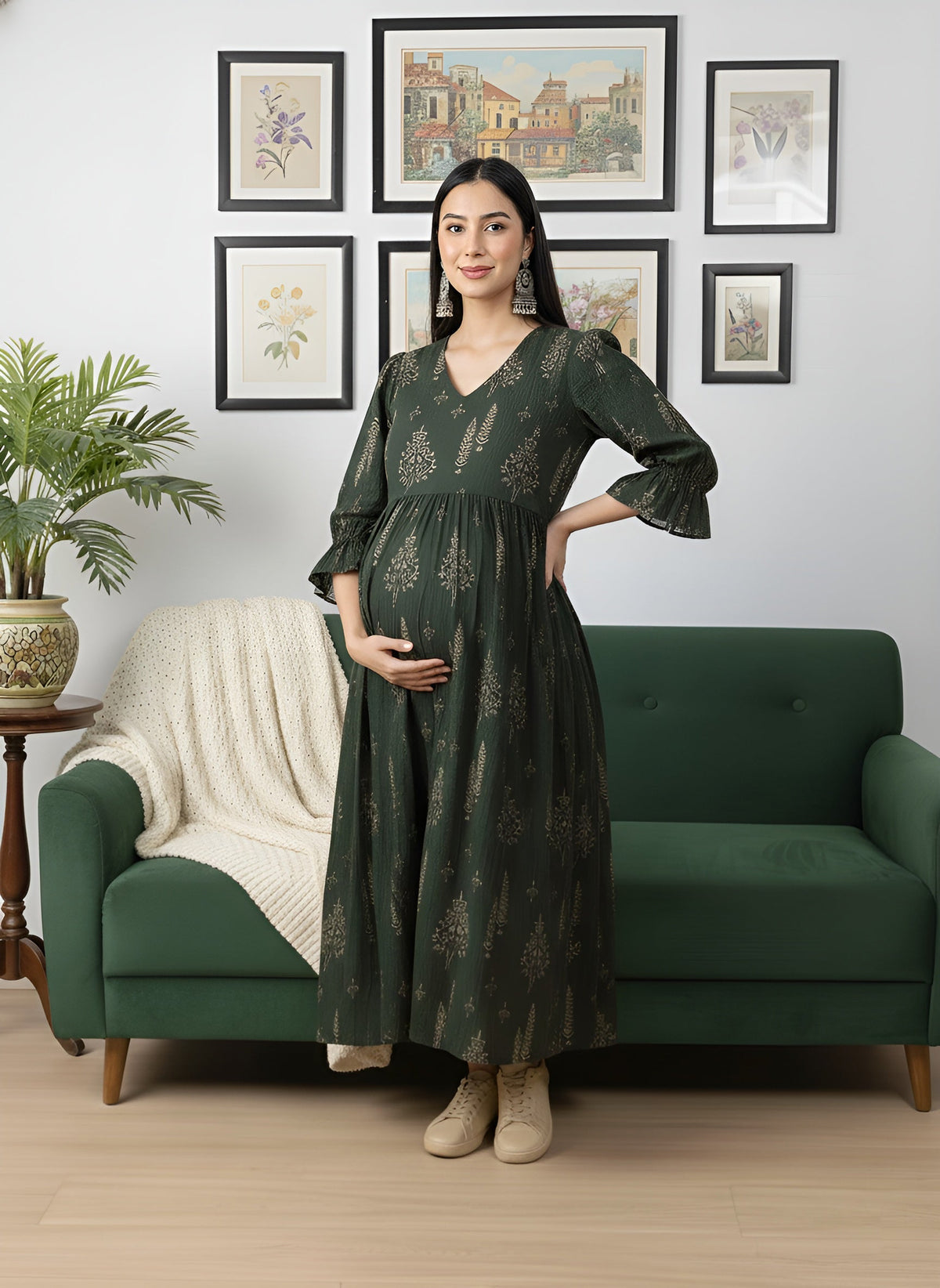 Green Printed Maternity Dress for Women