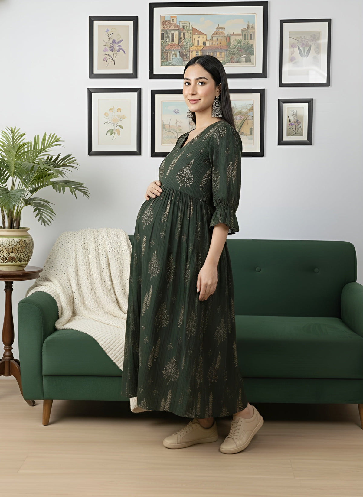 Green Printed Maternity Dress for Women