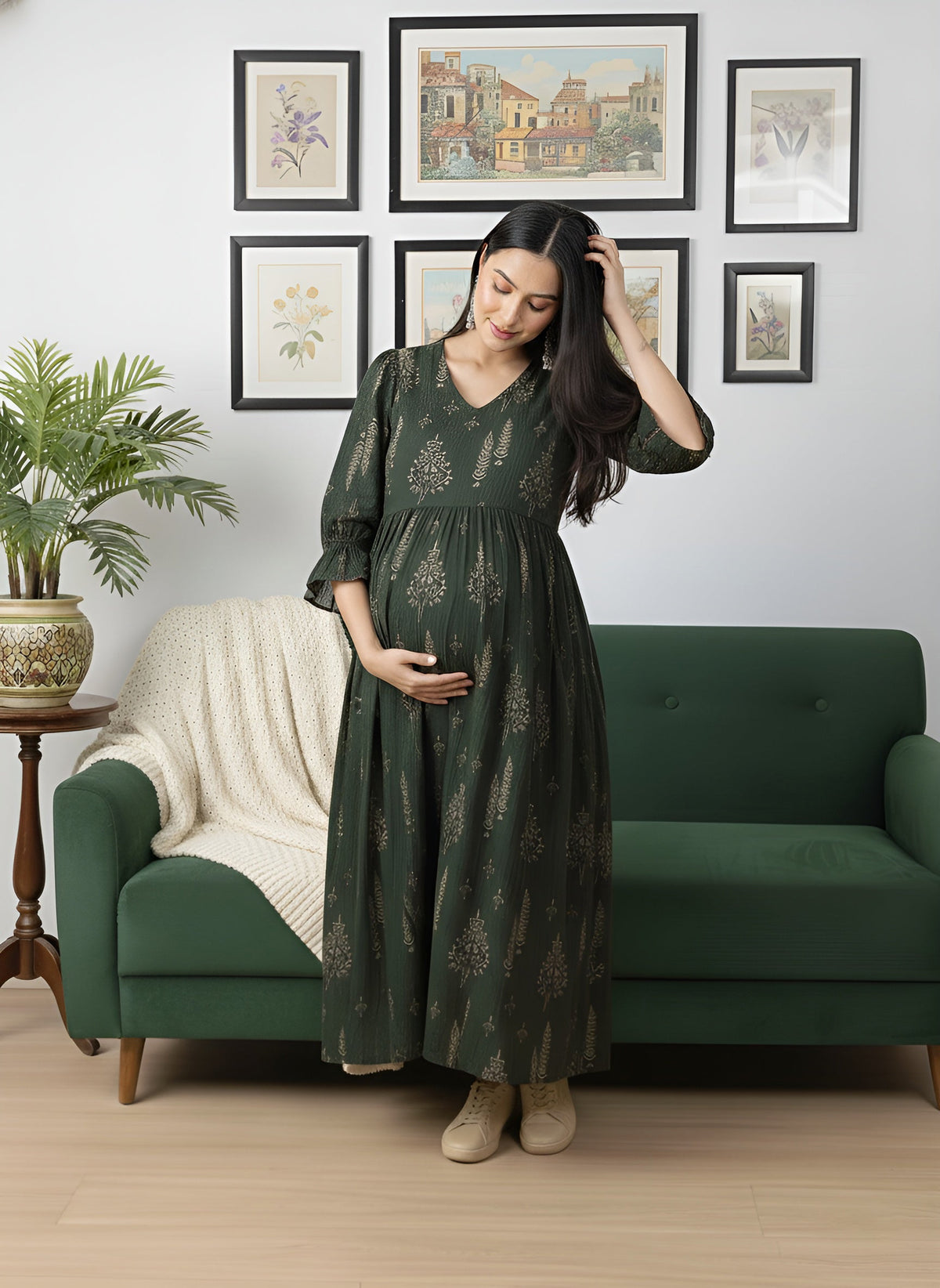 Green Printed Maternity Dress for Women