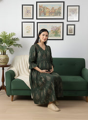 Green Printed Maternity Dress for Women