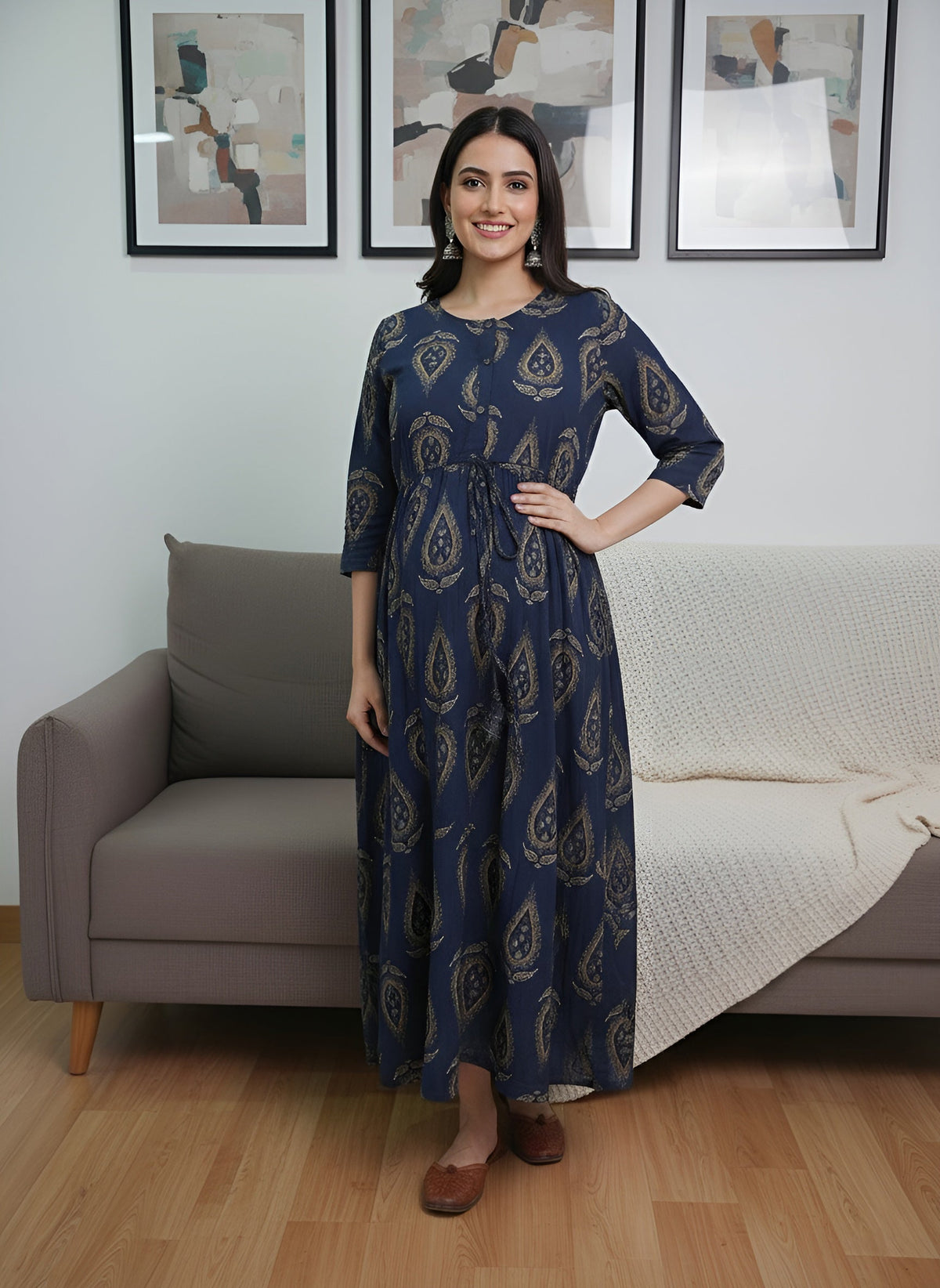 Green Printed Maternity Dress for Women
