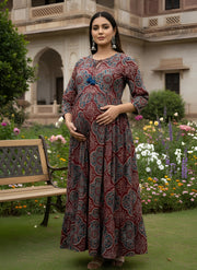 Maroon Printed Maternity Dress for Women
