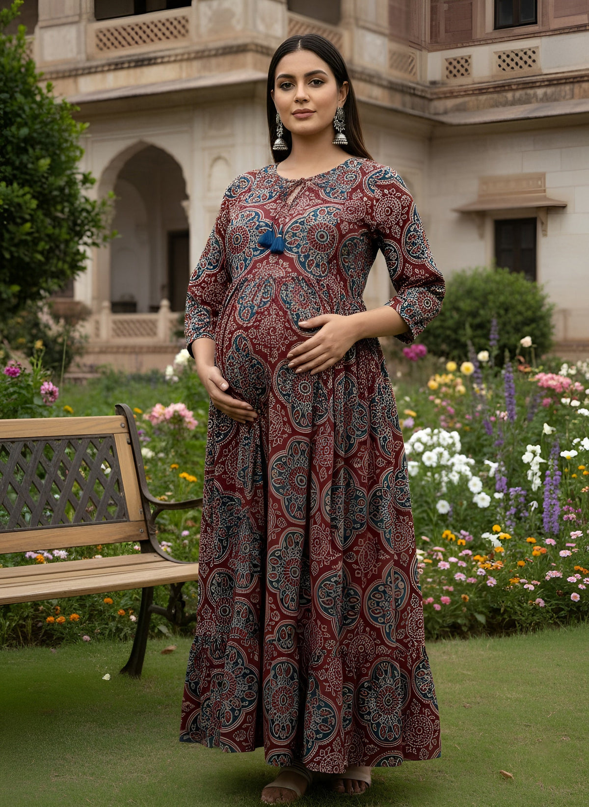 Maroon Printed Maternity Dress for Women