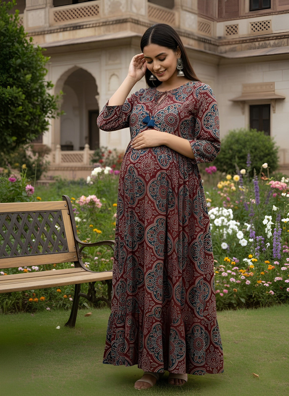 Maroon Printed Maternity Dress for Women