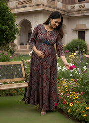 Maroon Printed Maternity Dress for Women