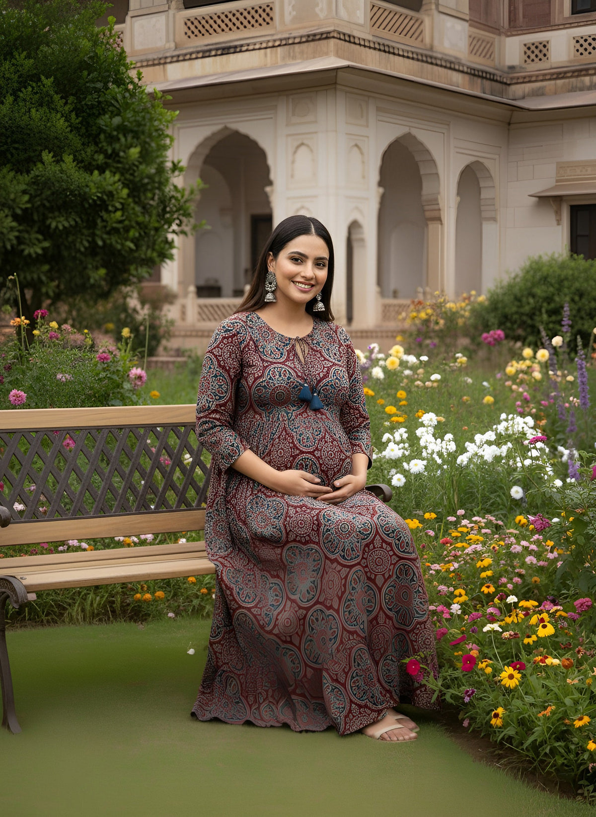 Maroon Printed Maternity Dress for Women