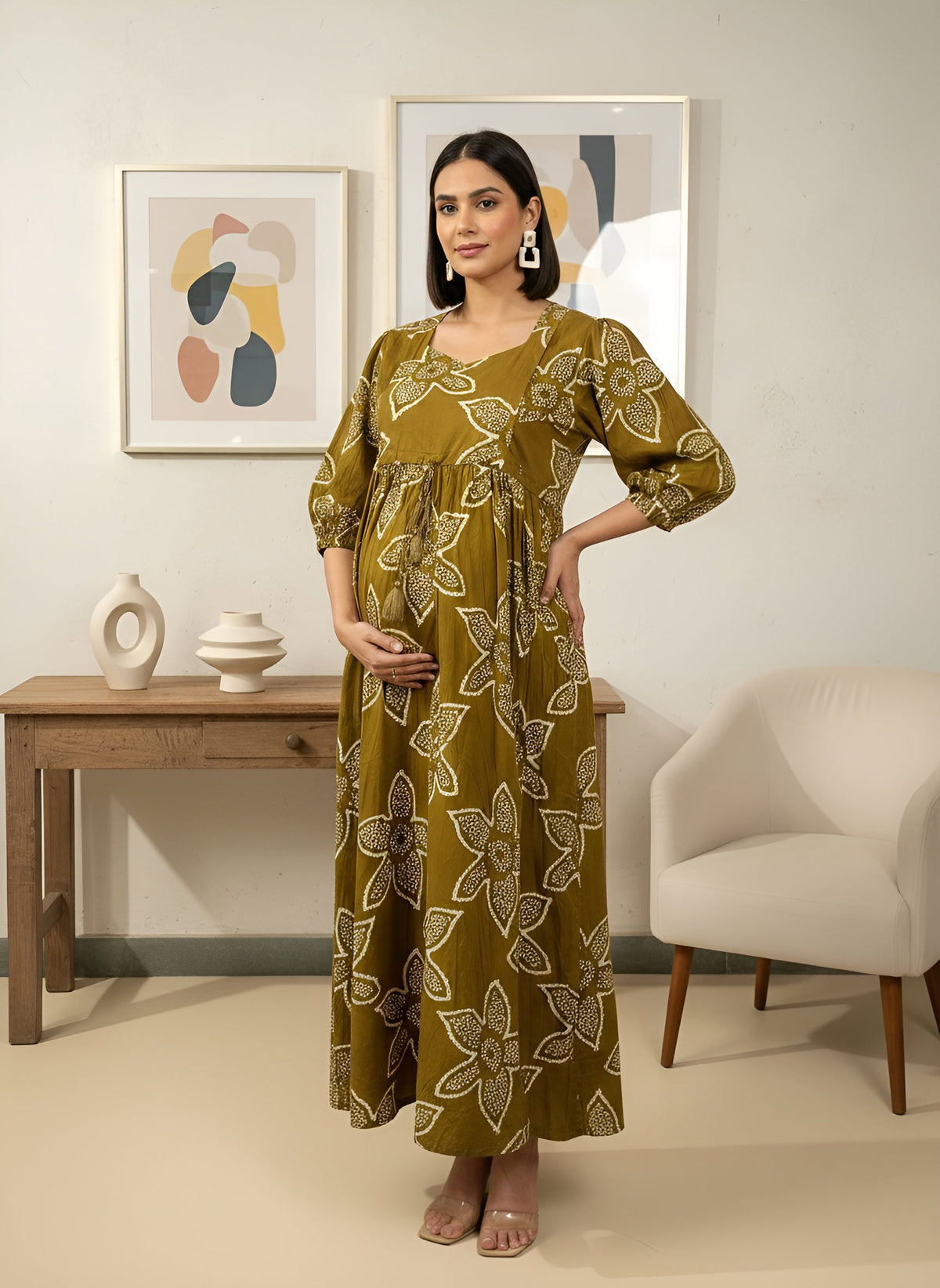Green Printed Maternity Dress for Women
