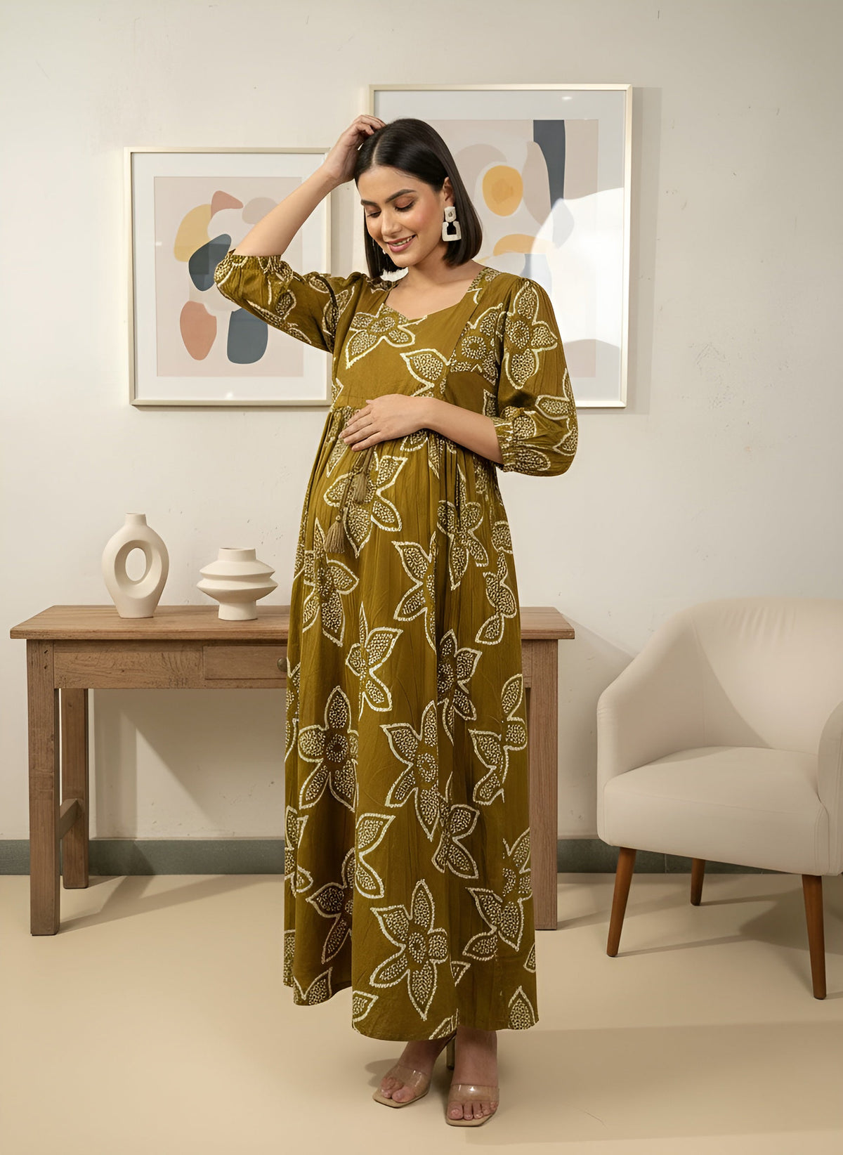 Green Printed Maternity Dress for Women