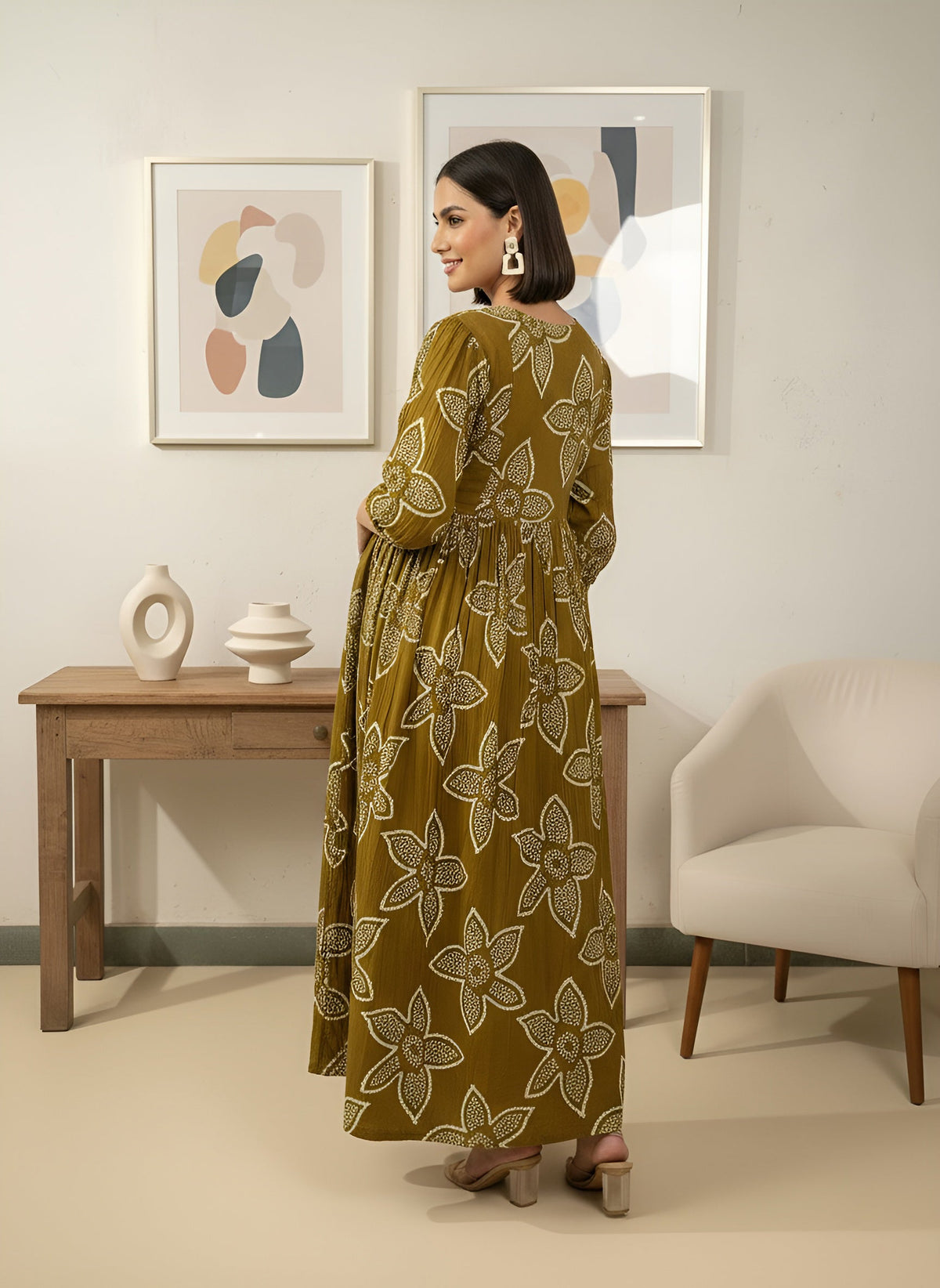Green Printed Maternity Dress for Women