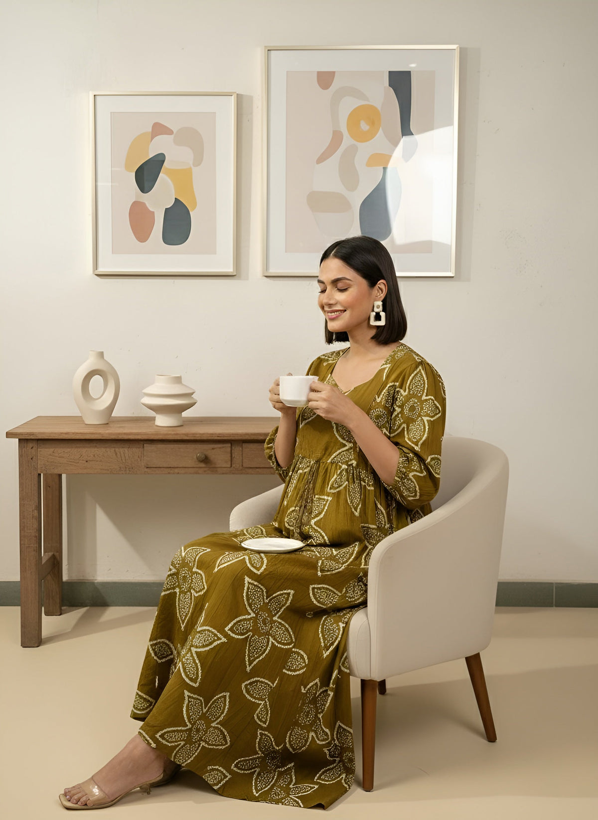 Green Printed Maternity Dress for Women