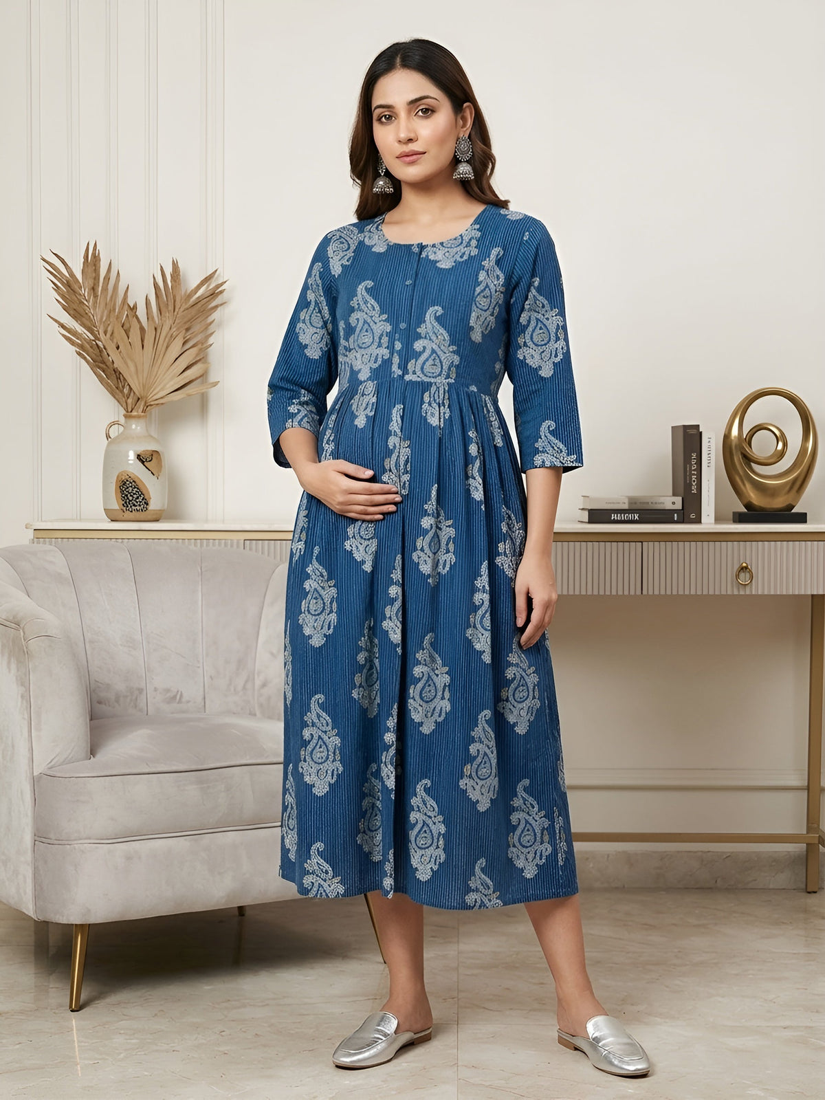 Blue Printed Maternity Dress for Women