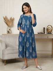 Blue Printed Maternity Dress for Women