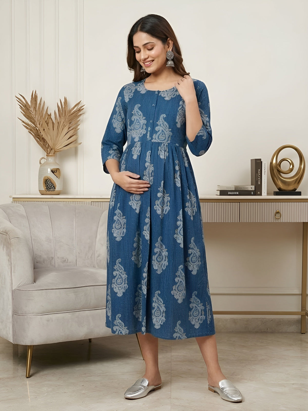 Blue Printed Maternity Dress for Women