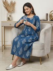 Blue Printed Maternity Dress for Women