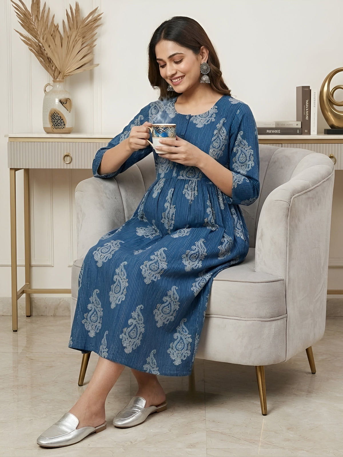 Blue Printed Maternity Dress for Women