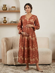 Rust Printed Maternity Dress for Women