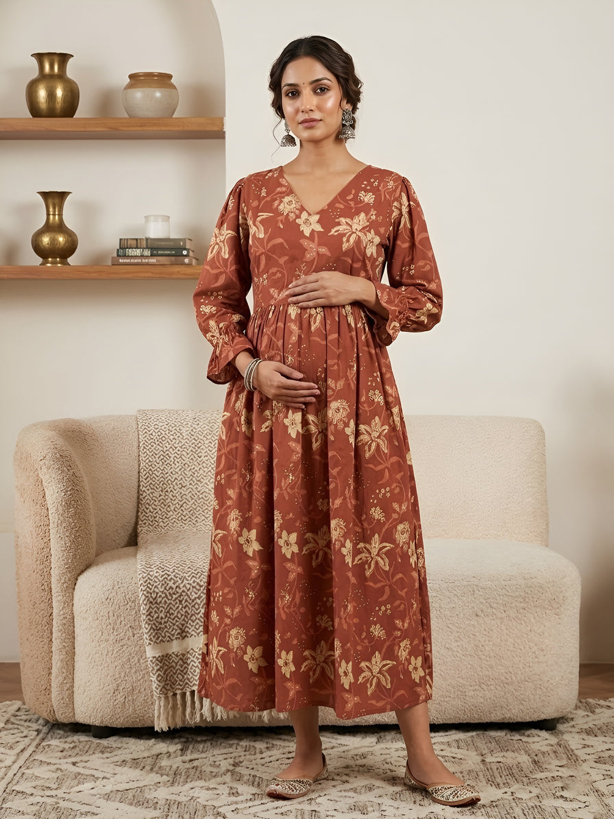 Rust Printed Maternity Dress for Women